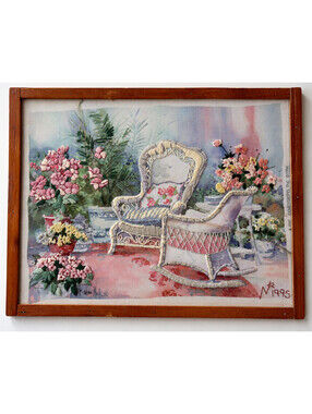 Finished Dimensions 1381 White Wicker Chairs Crewel Needlework Framed Floral Art
